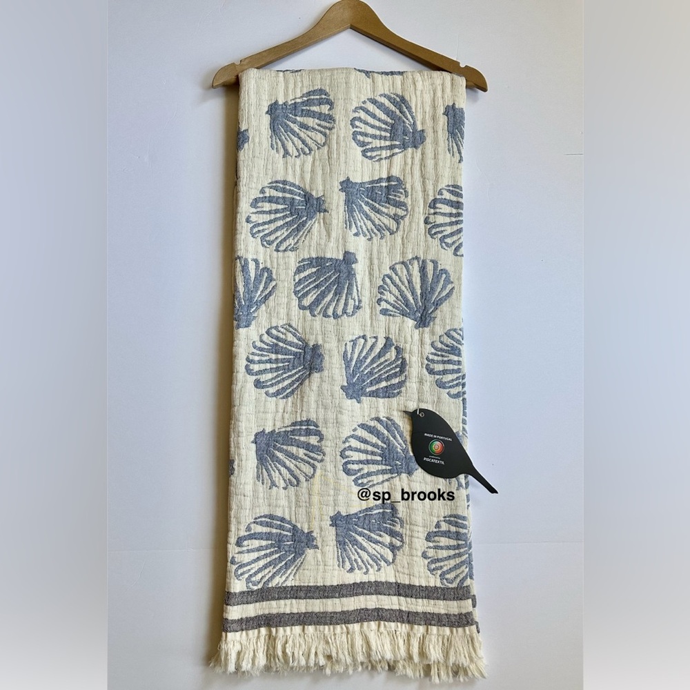 🎁Piscatextil Throw Blanket - Sea Shells Mallow - Blue Cotton Coastal Seashells